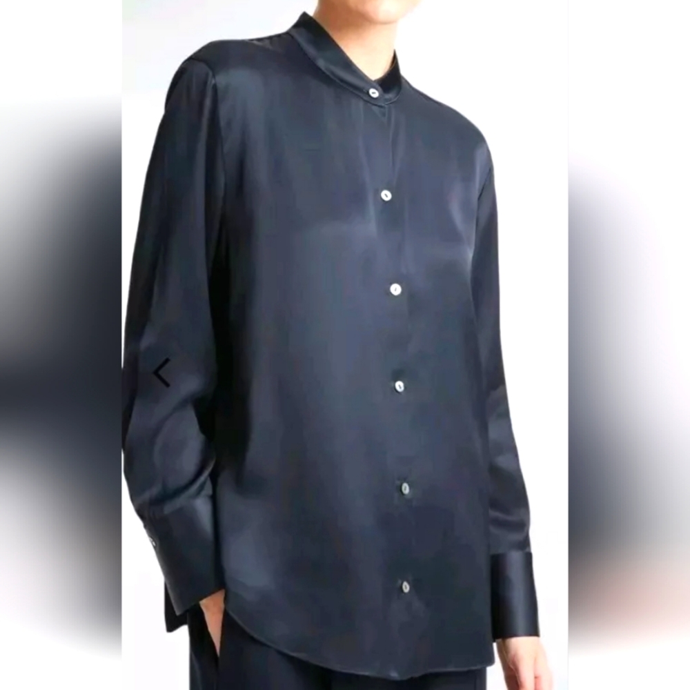 Vince Women's Band Collar Satin Button Front 100% Silk Dark Blue Shirt! Size 8